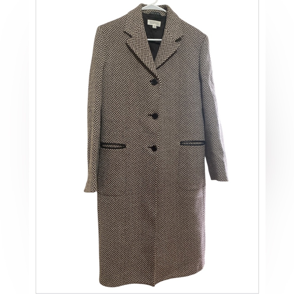 Barney’s New York Cream Brown 100% Wool Herringbone Coat Jacket Size 8 42 M